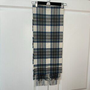 Highland Tweeds 100% Lambswool Blue Ivory Brown Plaid Scarf w/Fringe